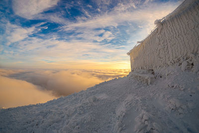 Snow covered land against sky during sunset