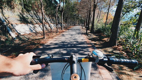 Man riding bicycle on road in forest