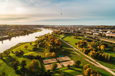 High angle view of cityscape against sky