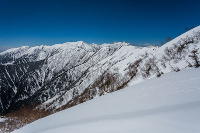 Scenic view of snowcapped mountains against blue sky