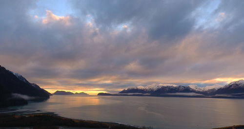 Scenic view of lake against sky during sunset