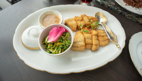 High angle view of food served in plate