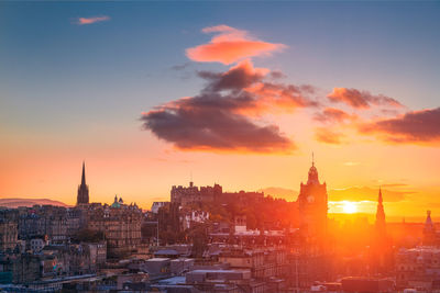 High angle view of buildings in town during sunset