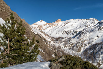 Scenic view of snowcapped mountains against clear sky