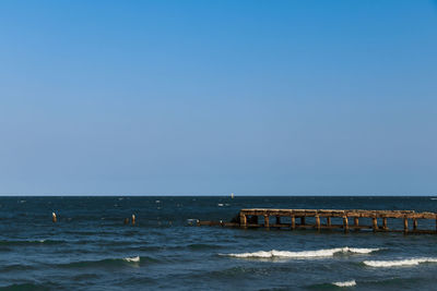 Scenic view of sea against clear blue sky