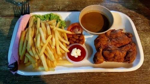 High angle view of food served on table