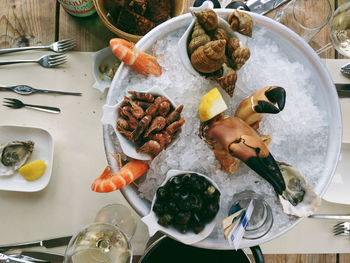 High angle view of seafood in plate on table