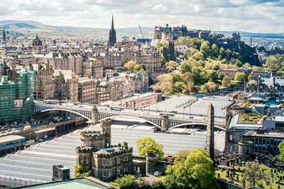 High angle view of buildings in city