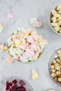 High angle view of food in bowls on table