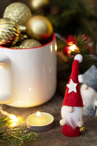 Close-up of christmas decorations on table