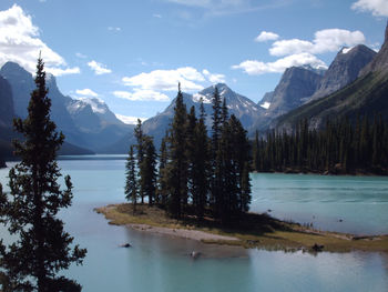 Trees and blue river in front of mountains against cloudy sky