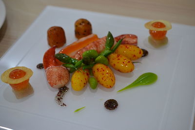 High angle view of fish in plate on table