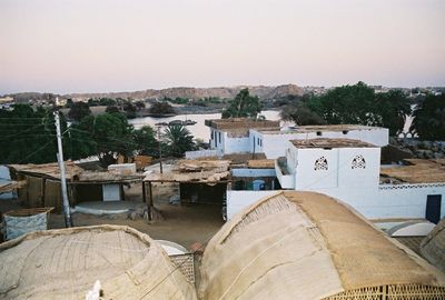 High angle view of little village buildings against clear sky