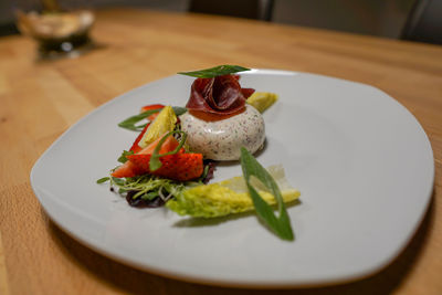High angle view of serving food in plate