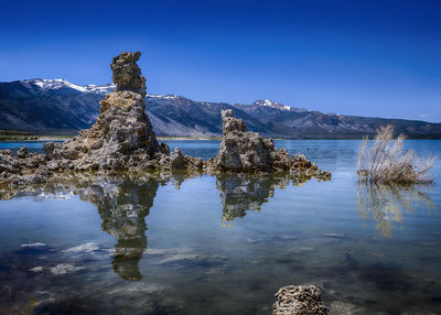 Scenic view of lake against clear blue sky