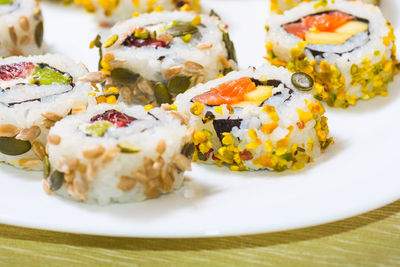 Close-up of sushi served in plate