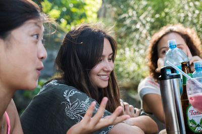 High angle view of young woman looking away