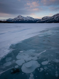 Scenic view of snowcapped mountains against sky during winter