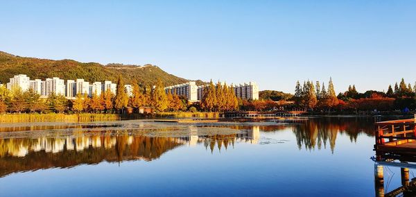 Reflection of trees and buildings in lake against clear sky