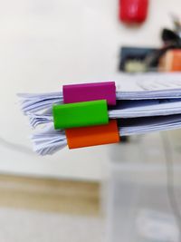 Close-up of multi colored pencils on table