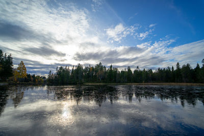 Scenic view of lake by trees against sky