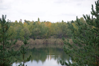 Scenic view of lake by trees against sky