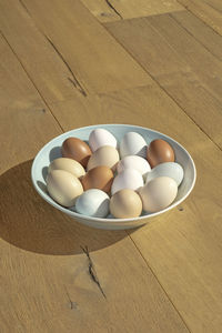 A bowl of various coloured eggs on a wooden surface