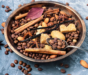 High angle view of food and spices in container on table