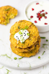 High angle view of dessert in plate on table
