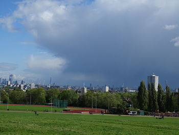 Trees on field against buildings in city against sky