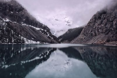 Scenic view of mountains reflected in lake water 