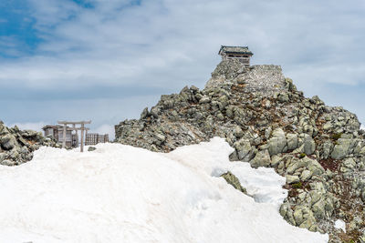 Built structure on snow covered land against sky