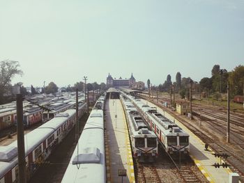 High angle view of train against clear sky