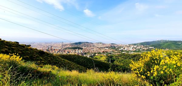 Scenic view of field by buildings against sky