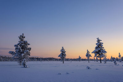 Snow covered field against clear sky during winter