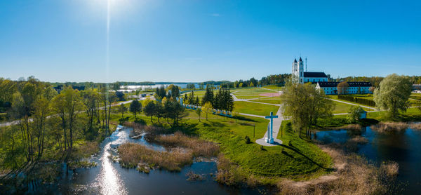 Beautiful aerial view of the white chatolic church basilica in latvia, aglona.