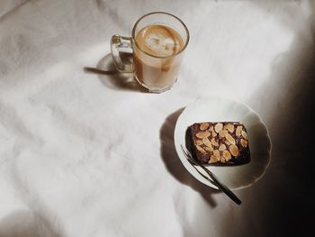 High angle view of coffee cup on table