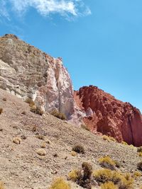 Low angle view of rocky mountain against sky