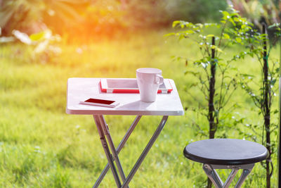 Coffee mug and technologies on table in park