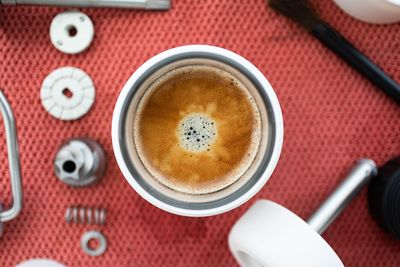 Directly above shot of coffee and drink on table