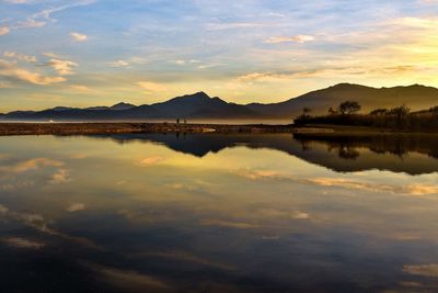 Scenic view of lake against sky during sunset