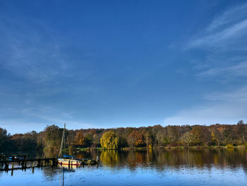 Scenic view of lake against blue sky