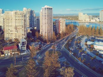 High angle view of street amidst buildings in city