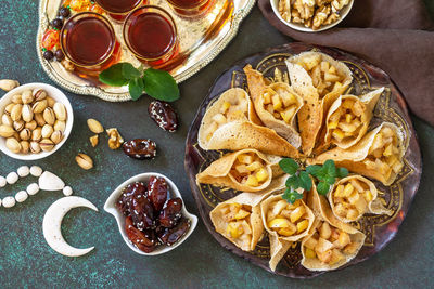 High angle view of fruits in plate on table