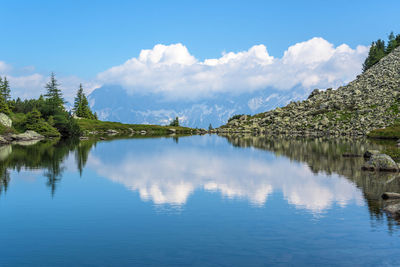 Panoramic view of lake and trees against blue sky