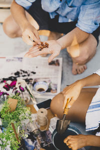 High angle view of people preparing food