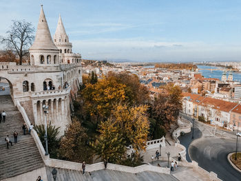 High angle view of fishermans bastion above budapest city and buildings