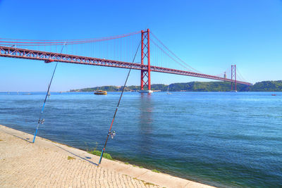 View of suspension bridge against blue sky