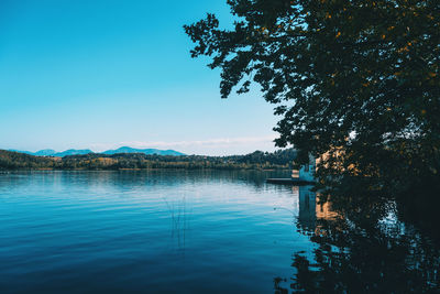 Scenic view of lake against clear blue sky