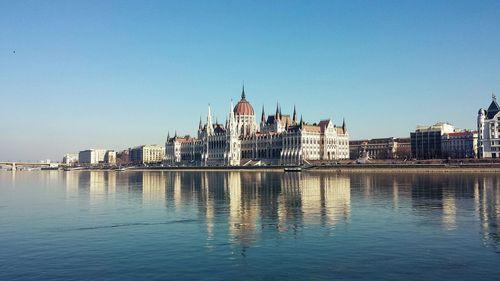 Hungarian parliament building with danube river in foreground